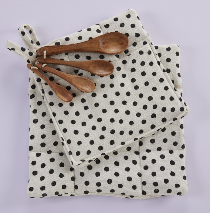 2 Pot Holder With 4 Spice Spoons Set - Premium Cotton Printed Polka dot - 100 % cotton - Ivory / Black